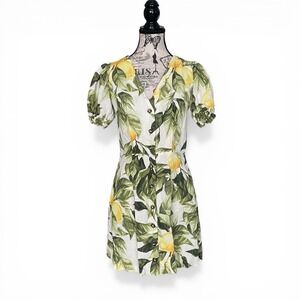 H&M Button Down Mini Dress Womens XS White Yellow Lemon Print Linen Blend Summer